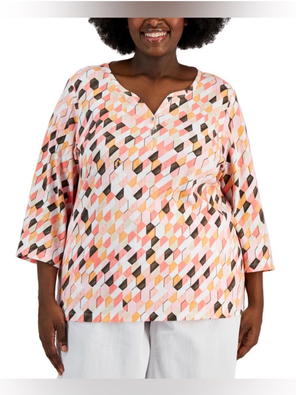 Karen Scott Pink Multi Geometric Henley Tunic, Plus Size 3X